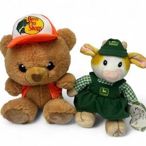 Vintage 1999 Plush Cow John Deere & Bass Pro Shop Set 2 Farm Stuffed Animals Y2K